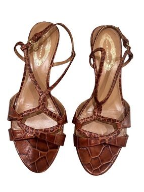 Elie Tahari Brown Croc-Embossed Strappy Sandals with Ankle Buckle small wedge